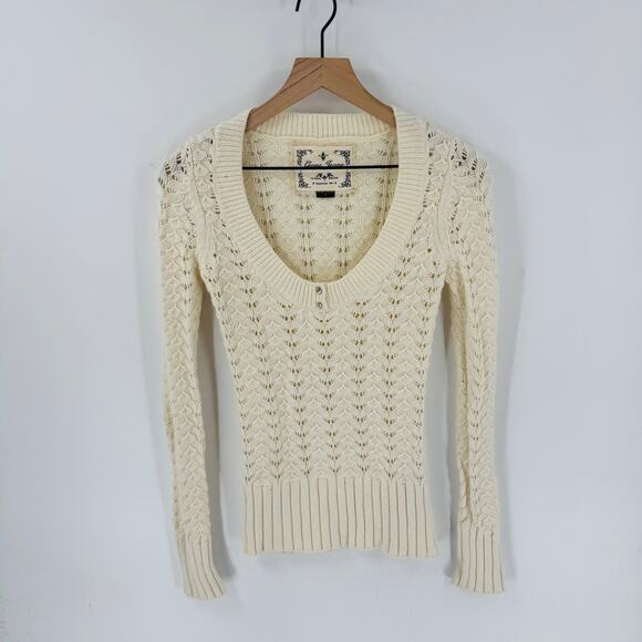 Guess Jeans Y2K Cream Crochet Knit Sweater Small Deep V-Neck Long Sleeve Retro - Picture 7 of 7